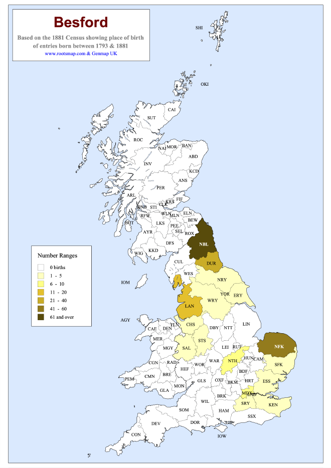 Besford surname distribution map based on the 173 entries listed in the 1881 Census where a place of birth is given.