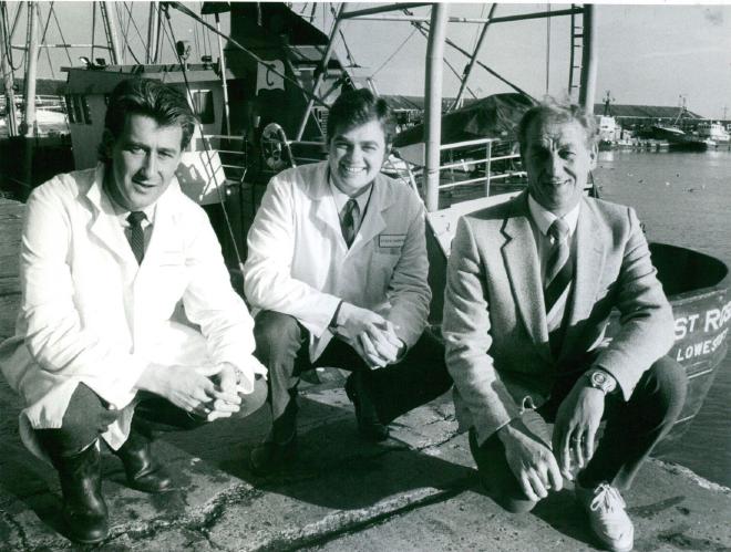 &ldquo;Record breakers&rdquo; - Skipper David Besford (right) with fish salesman John Newson (left) and Andy Bagshow, Monday 25 November 1985