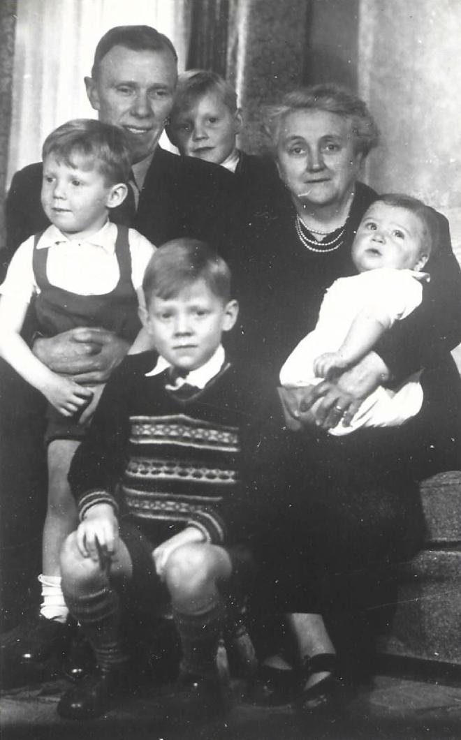 Jack and Agnes pictured in 1951 with their four grandsons, aged 7, 5, 3, and a few months.
