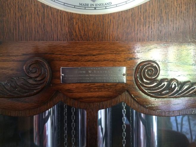 Inscription on clock presented to Jack Besford