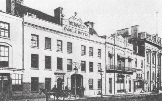 The Three Cups Hotel, Colchester, bearing the Besford Family Hotel sign