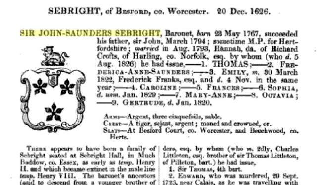 Arms of the Sebright Baronets of Besford