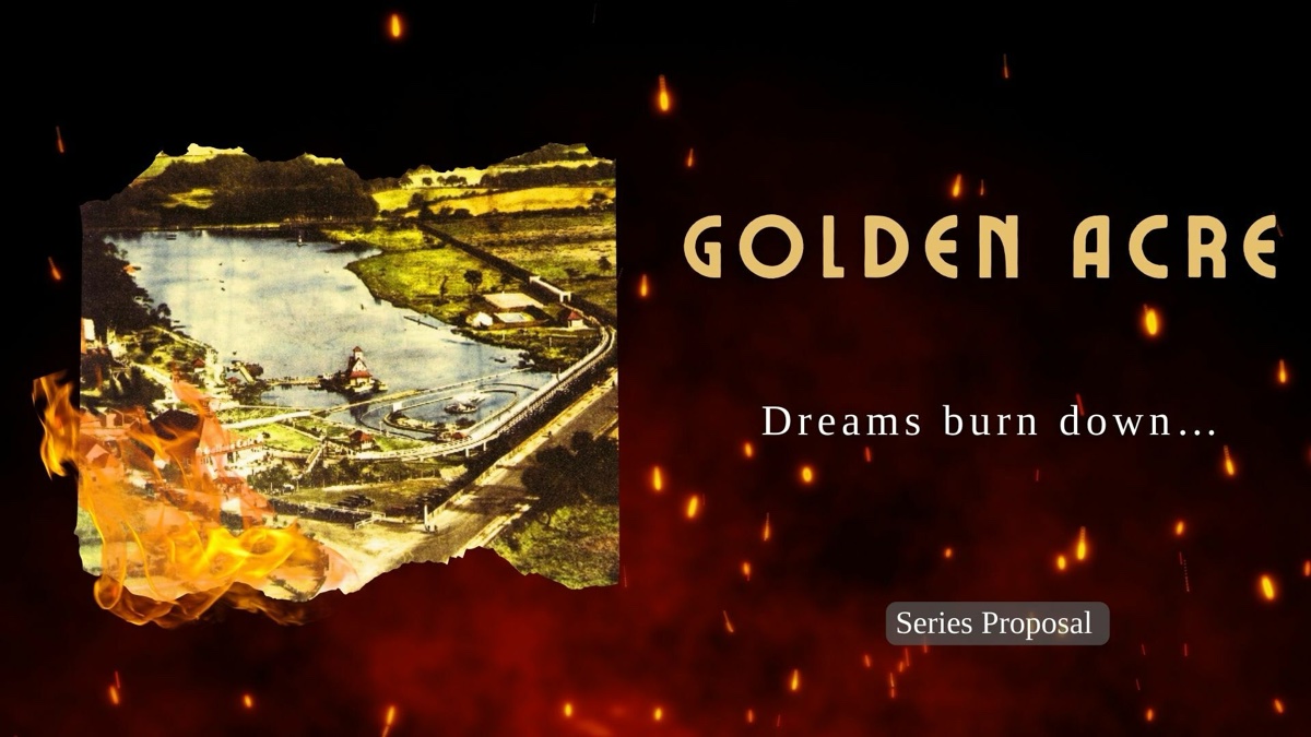 Poster showing a burning postcard of Golden Acre Park beside the title and the line Dreams burn down