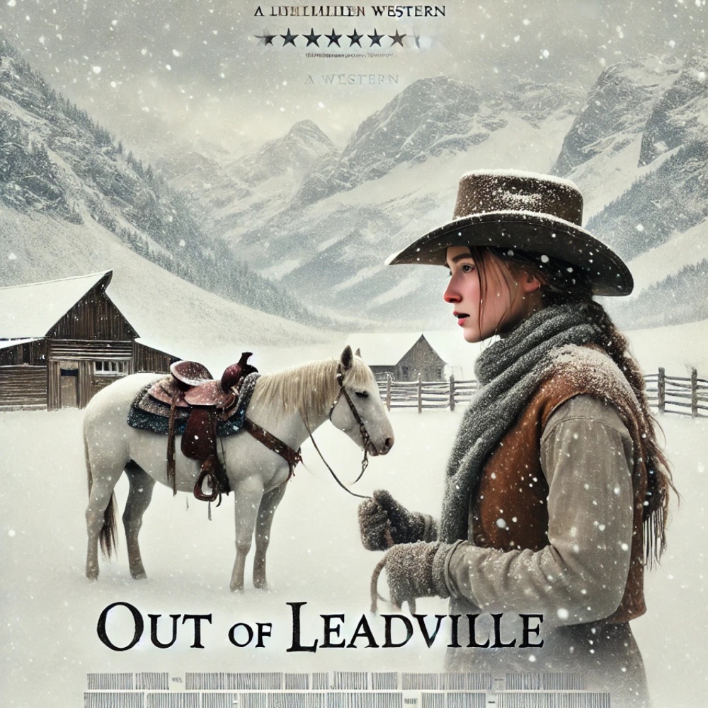 Poster showing a young woman in a cowboy hat beside a saddled white horse in falling snow