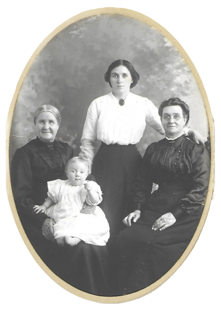 Agnes Besford (centre) with, left to right, Jane Hewit (her grandmother), Dora Besford (her daughter), and Dorothy Jane Hewit (née Ferrow), her mother.