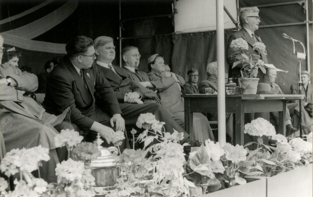 Agnes Besford (far right) with her husband Jack on the platform at the Northumberland Miners Picnic in 1956.