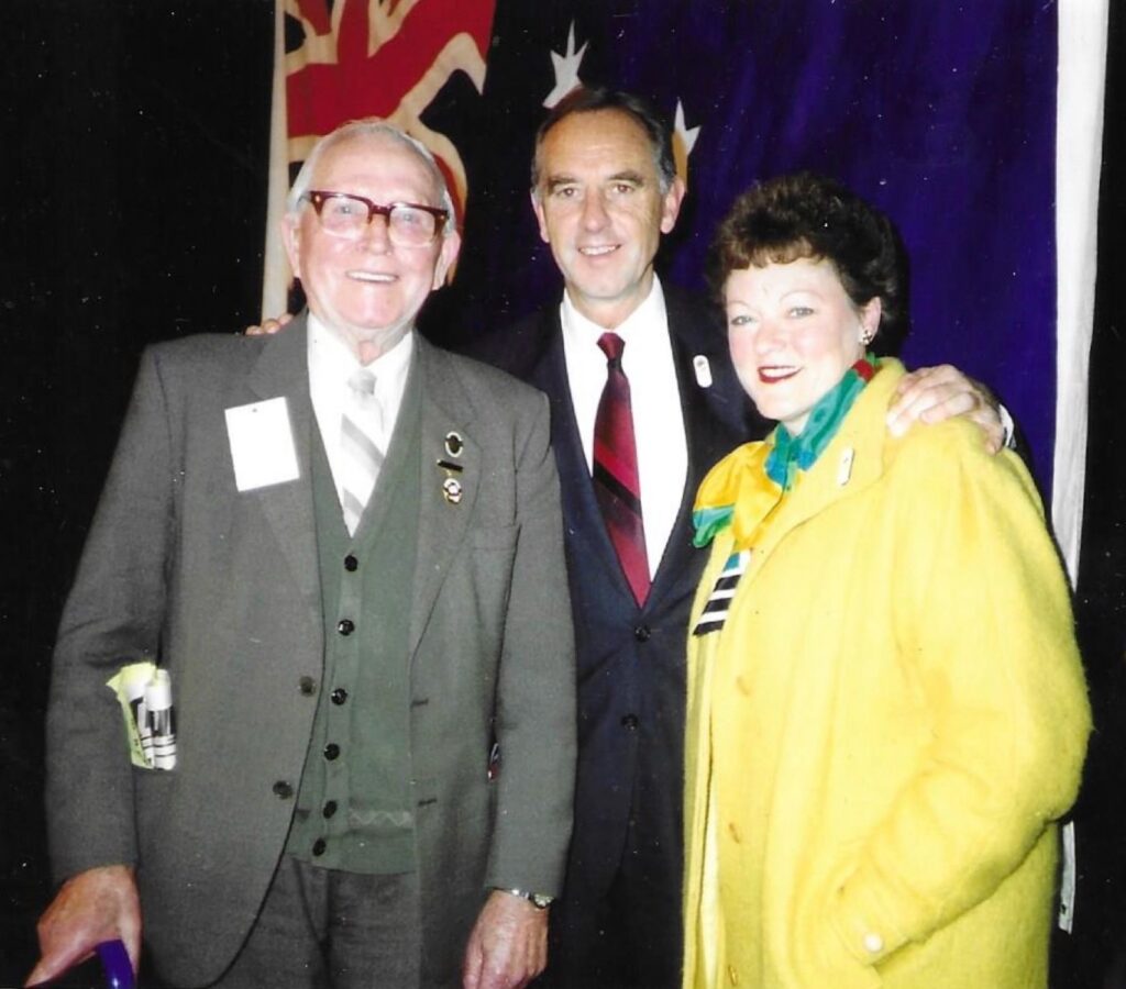 Tom Besford in 1989 after receiving his gold medal for long service in the Labour Party. Tom is with the then Premier of Victoria, John Cain, and his wife.